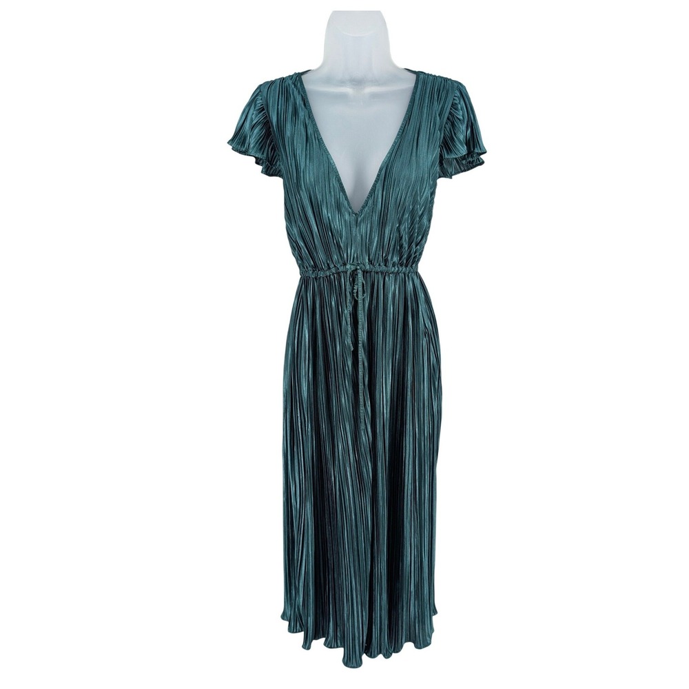 Sm Urban Outfitters Teal Green Pleated Plisse Midi Dress Flutter Sleeve Metallic